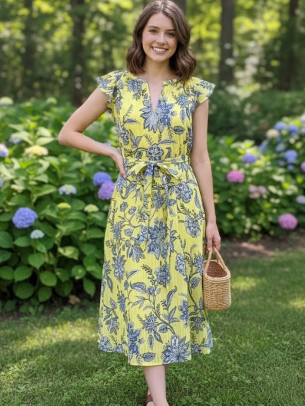 LOFT Yellow and Blue Floral Midi Dress XL